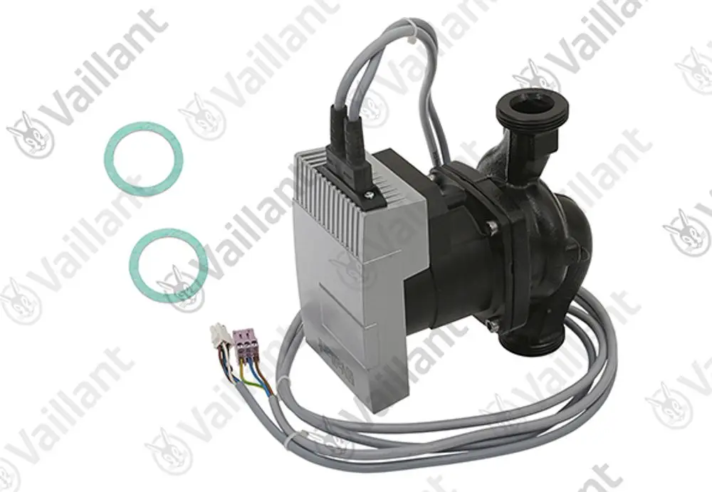 Vaillant-Heizungspumpe mit elektrischer Ansteuerung und zwei Dichtungen, geeignet für den Heizkreis. Kabelanschlüsse sichtbar.